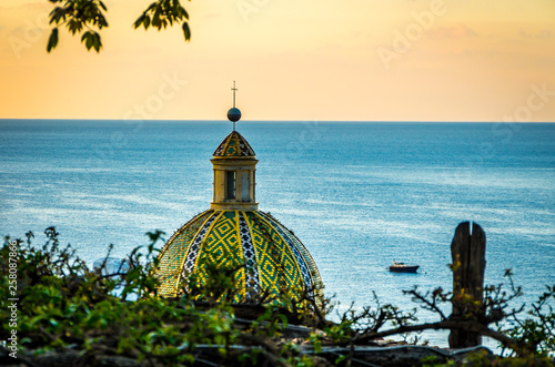 View at dome of Church of Santa Maria Assunta in Positano by Amalfi Coast, Positano Italy