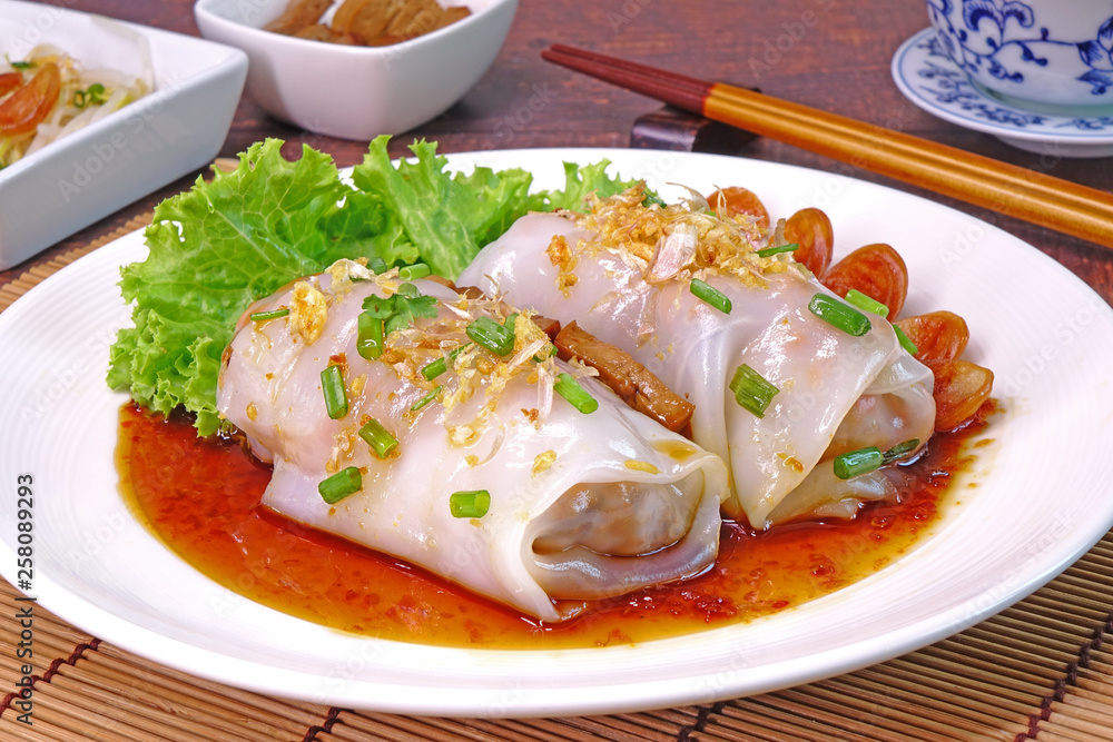 Rice noodle roll (or steamed rice roll) is a Cantonese dish from southern China and Hong Kong, commonly served either as a snack, small meal or as a variety of dim sum. Famous Chinese / Cantonese food