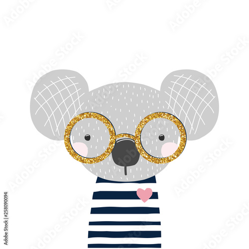 Cute little koala bear with gold glitter glasses. Kids fashion print. Vector hand drawn illustration.