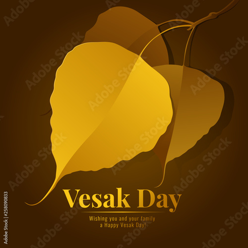 Vesak day banner with gold bodhi leaf branch vector design