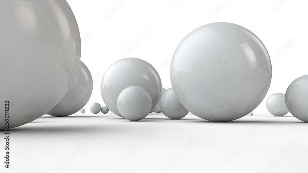 3D illustration of large and small white spheres and many different balls on a white surface. The idea of beauty. Comparative image of the geometry of space. 3D rendering isolated on white background. 3D illustration of large and small white spheres and many different balls on a white surface. The idea of beauty. Comparative image of the geometry of space. 3D rendering isolated on white background.