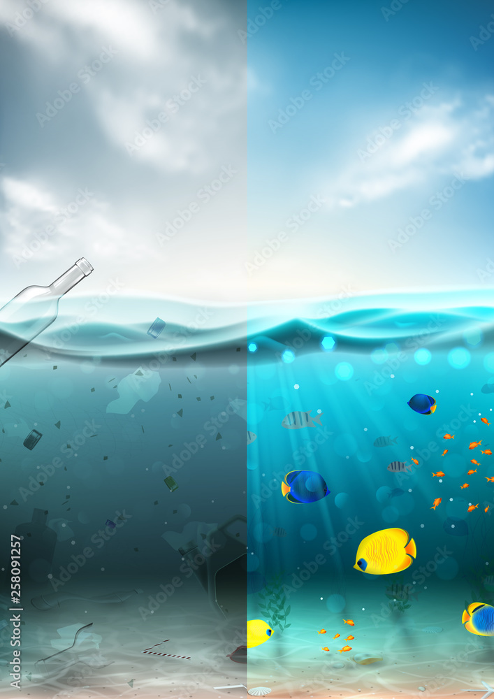 Clean and polluted sea water concept. Different garbage floating in