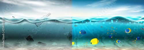 Polluted and clean sea water concept. Different garbage floating in waste water and beautiful underwater world with color fish and seaweed. Global aqua pollution. Vector illustration.