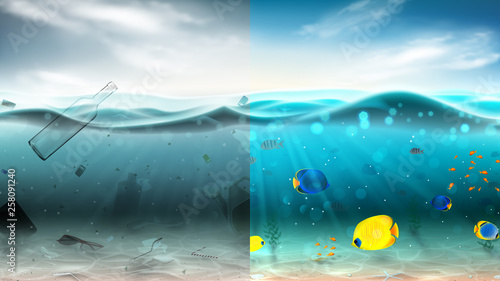 Concept of clear and polluted sea water. Different garbage floating in waste water and beautiful underwater world with color fish and seaweed. Global aqua pollution. Vector illustration.