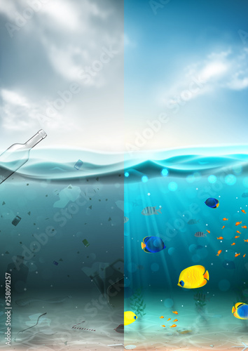 Clean and polluted sea water concept. Different garbage floating in waste water and beautiful underwater world with color fish and seaweed. Global aqua pollution. Vector illustration.
