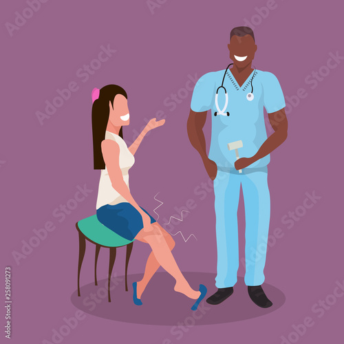 african american neurologist testing knee reflex on female patient doctor with stethoscope using hummer medicine healthcare concept cartoon characters full length flat