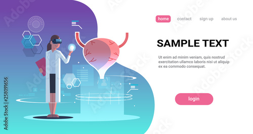 female doctor wearing digital glasses virtual reality urinary bladder human organ anatomy medical vr headset vision concept full length horizontal copy space