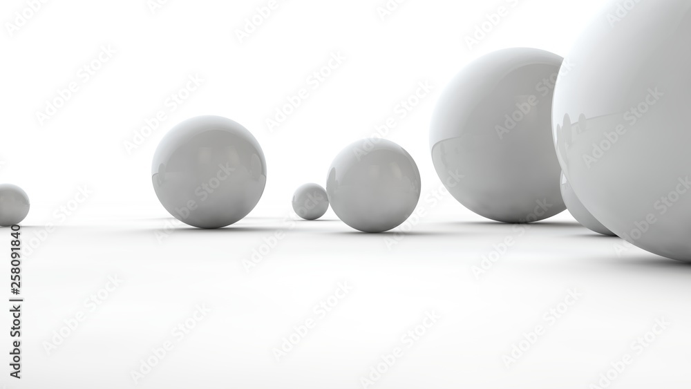 3D illustration of large and small white spheres and many different balls on a white surface. The idea of beauty. Comparative image of the geometry of space. 3D rendering isolated on white background. 3D illustration of large and small white spheres and many different balls on a white surface. The idea of beauty. Comparative image of the geometry of space. 3D rendering isolated on white background.