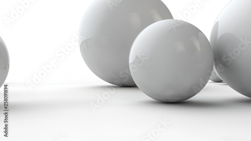 3D illustration of large and small white spheres and many different balls on a white surface. The idea of beauty. Comparative image of the geometry of space. 3D rendering isolated on white background.