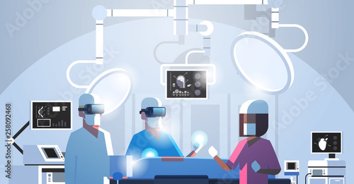 surgeons medical team wearing virtual reality holographic hololens glasses operating patient high tech operation room horizontal portrait