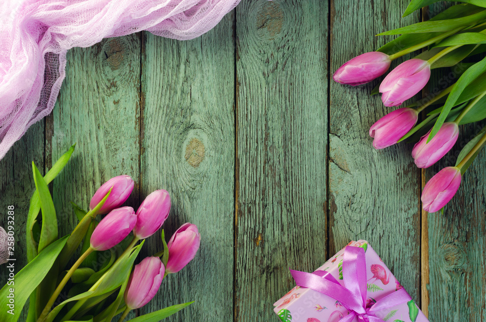 Row of pink tulips against a blue background with space for the text. Festive flower background for a Mother's Day or other celebration.