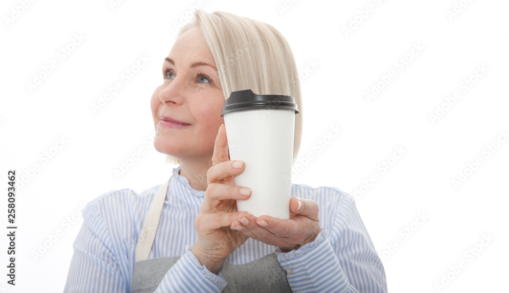 Part-time job coffee break relax leisure pause concept. Friendly pleasant woman barista giving big latte isolated on gray background copy-space Part-time job coffee break relax leisure pause concept. Friendly pleasant woman barista giving big latte isolated on gray background copy-space