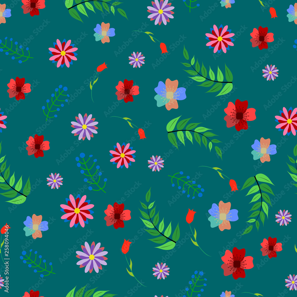 Cute floral seamless pattern with abstract flower and plants. Colorful background for prints