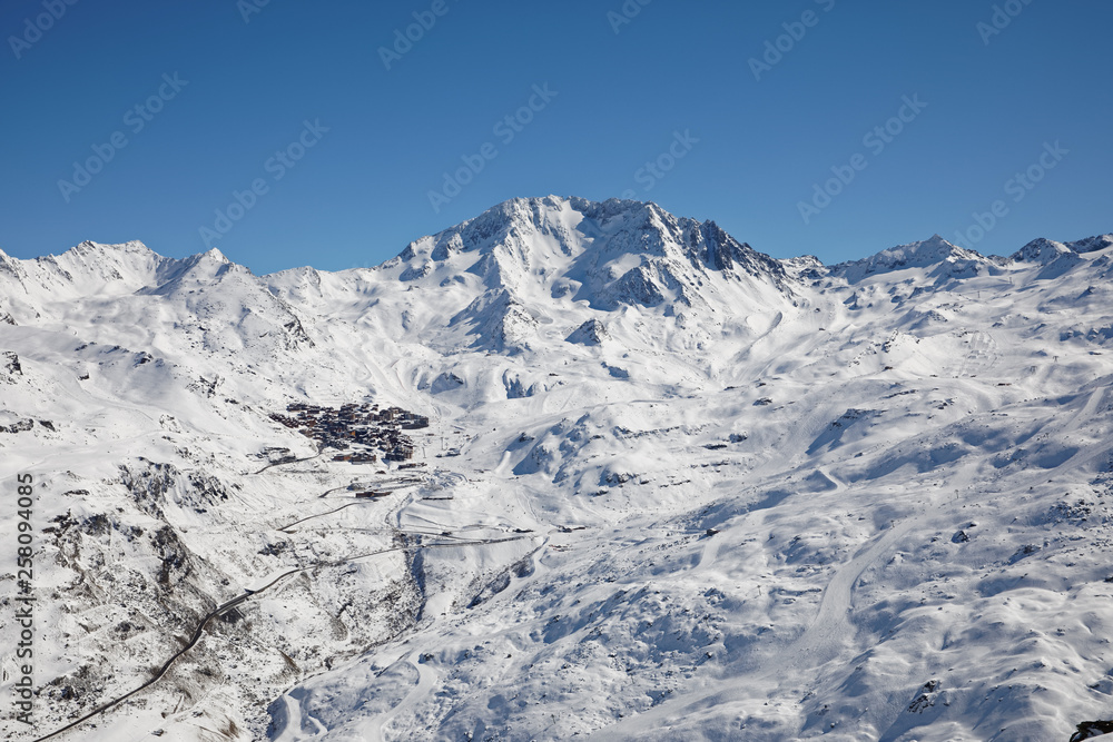 Val Thorens, France - March 5, 2019: Val Thorens, located in the Tarentaise Valley, Savoie, French Alps, is the highest ski resort in Europe