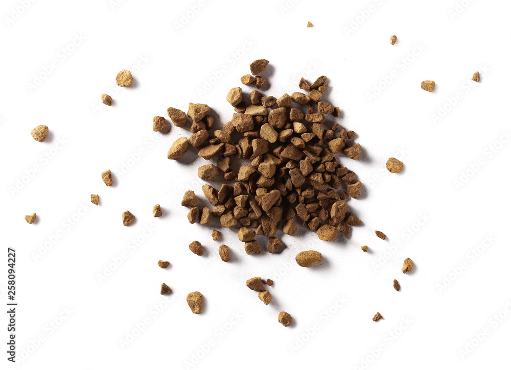 Instant coffee granules, isolated on white background, top view Instant coffee granules, isolated on white background, top view