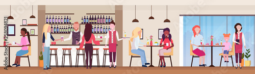 guests at bar counter and tables drinking alcohol bartender and waitress serving drinks to mix race clients modern cocktail bar restaurant interior flat horizontal banner
