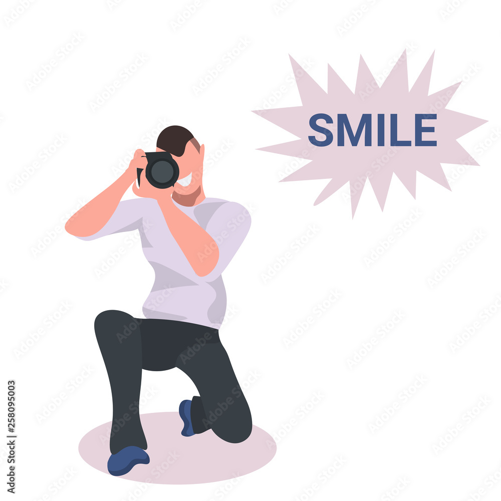 man photographer taking photo with camera male character standing on knee and shooting full length flat white background man photographer taking photo with camera male character standing on knee and shooting full length flat white background