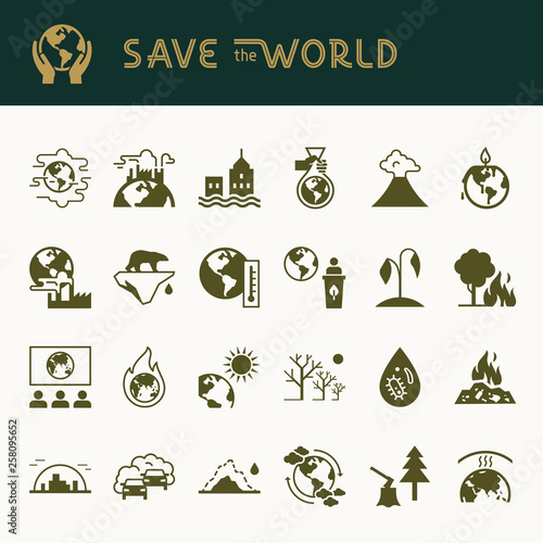 Different variants of environmental icons on the theme of ecology in flat style isolated on background. Save the World flat style icon set with lettering.