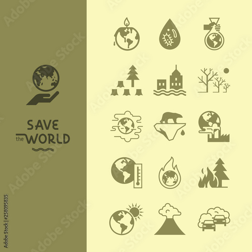 Save the World flat style icon set with lettering. Different variants of environmental icons on the theme of ecology in flat style isolated on background.