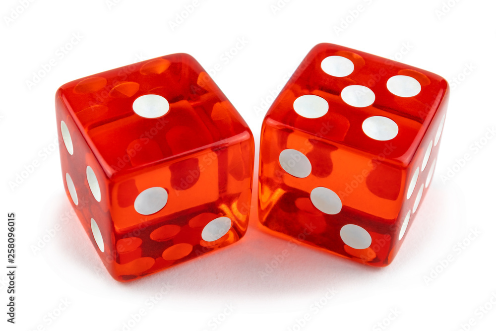 Two red dice isolated on a white background. One and five are so close. Two red dice isolated on a white background. One and five are so close.