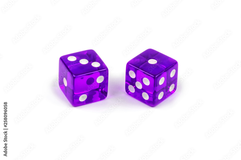 Two purple glass dice isolated on white background. Three and one. Two purple glass dice isolated on white background. Three and one.