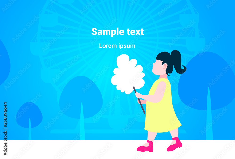 little girl eating candy-floss cute child walking city park having fun ferris wheel landscape background full length flat copy space little girl eating candy-floss cute child walking city park having fun ferris wheel landscape background full length flat copy space