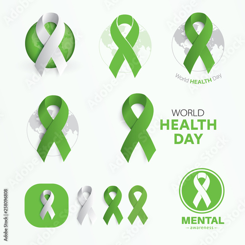 World Health Day symbols. Modern abstract vector signs set. Flat green color ribbons. Template for the charity event, medical logo, flyer, presentation, awareness infographic. Vector illustration.