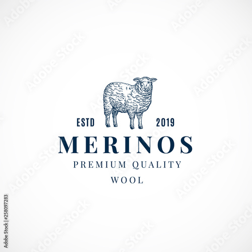 Merinos Wool Abstract Vector Sign, Symbol or Logo Template. Hand Drawn Sheep Sillhouette with Retro Typography. Vintage Luxury Vector Emblem.