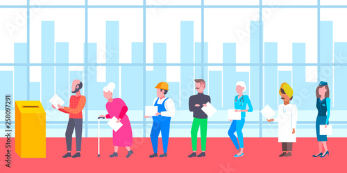 election day concept different occupations voters casting ballots at polling place during voting mix race people putting paper ballot in box full length flat horizontal