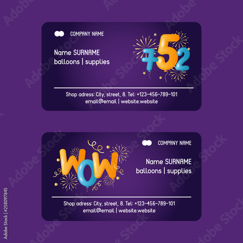 Balloon font business cards vector illustration. Contacts of shop with colorf...