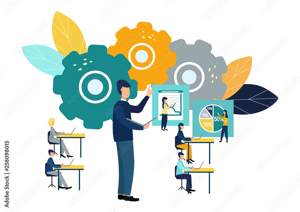 Vector illustration Office staff training. Team thinking. Increase sales and skills Vector illustration Office staff training. Team thinking. Increase sales and skills