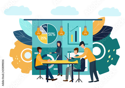 Vector flat illustrations, brainstorming, business concept for teamwork, search for new solutions, small people sit on light bulbs in search of ideas