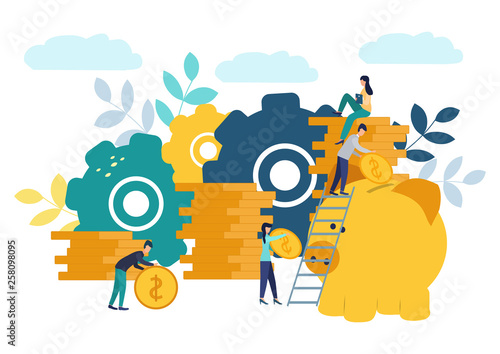 Vector flat illustrations, big piggy bank on white background, financial services, bankers do the work, hoard or save money.
