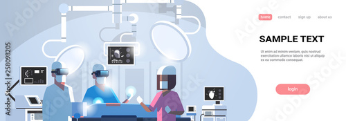 surgeons medical team wearing virtual reality holographic hololens glasses operating patient high tech operation room horizontal portrait copy space