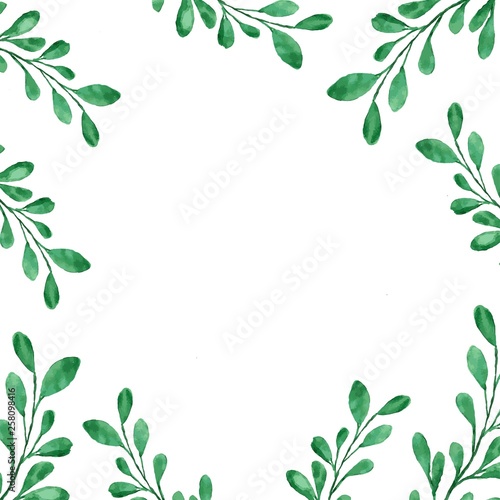 Beautiful watercolor decoration made of green hand drawn leaves with copy space, frame for invitations, print vector