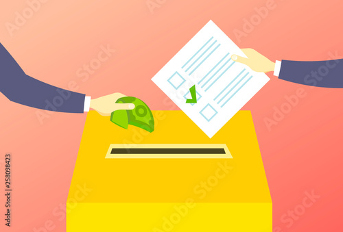 voter putting paper ballot list in box selling vote hand giving money during voting election corruption concept flat horizontal