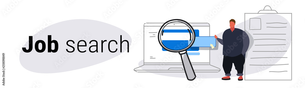 overweight man job applicant leaning on resume using online computer application job search concept hiring website laptop screen sketch doodle horizontal banner overweight man job applicant leaning on resume using online computer application job search concept hiring website laptop screen sketch doodle horizontal banner