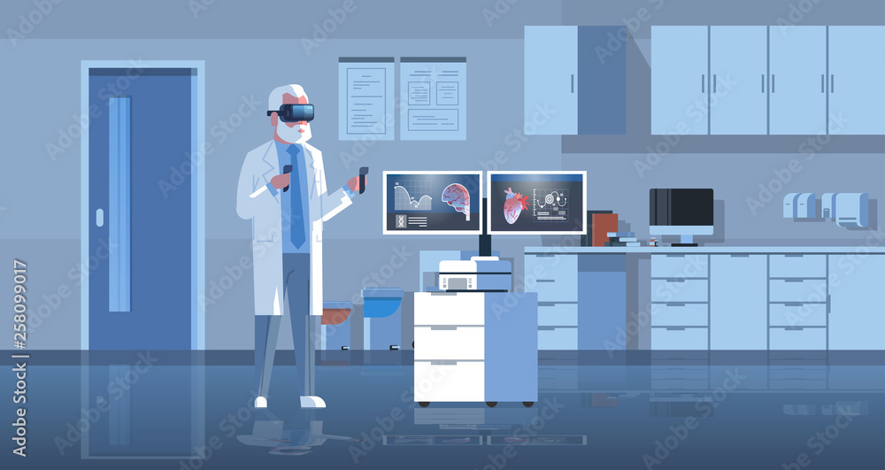male doctor wearing digital glasses examining virtual reality heart and brain human organs anatomy medical vr headset vision concept hospital office interior full length horizontal