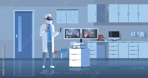 male doctor wearing digital glasses examining virtual reality heart and brain human organs anatomy medical vr headset vision concept hospital office interior full length horizontal