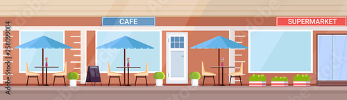 modern summer cafe shop exterior empty no people street restaurant terrace outdoor cafeteria in supermarket building flat horizontal banner