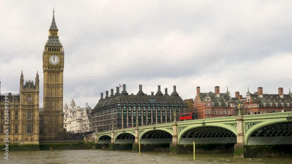 4K video of red buses, traffic and people on Westminster Bridge over the River Thames next to Big Ben and The Houses of Parliament 4K video of red buses, traffic and people on Westminster Bridge over the River Thames next to Big Ben and The Houses of Parliament