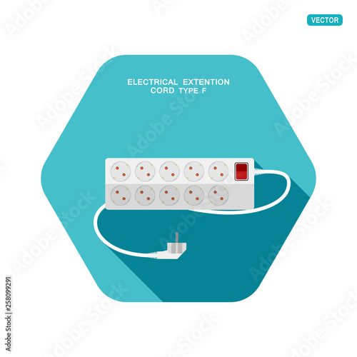 Vector hexagon icon of modern ten socket electrical extension cord type F with red switch and shadow on the turquoise background.