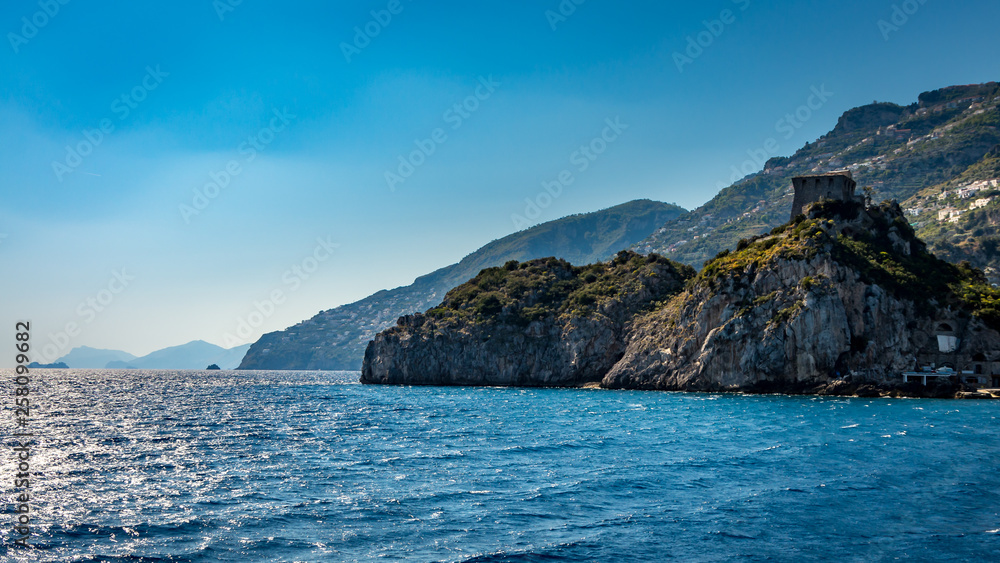 View at the Amalfi Coast seen from Mediterranean Sea, near Positano, Italy
