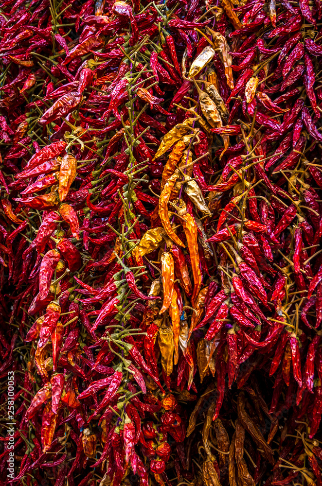 Colorful dried chilli peppers at the Italian bazaar