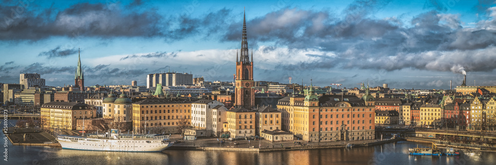 Wonderful aerial panorama from height of bird's flight on observation deck on tower City Hall to Gamla Stan, Stockholm, Sweden