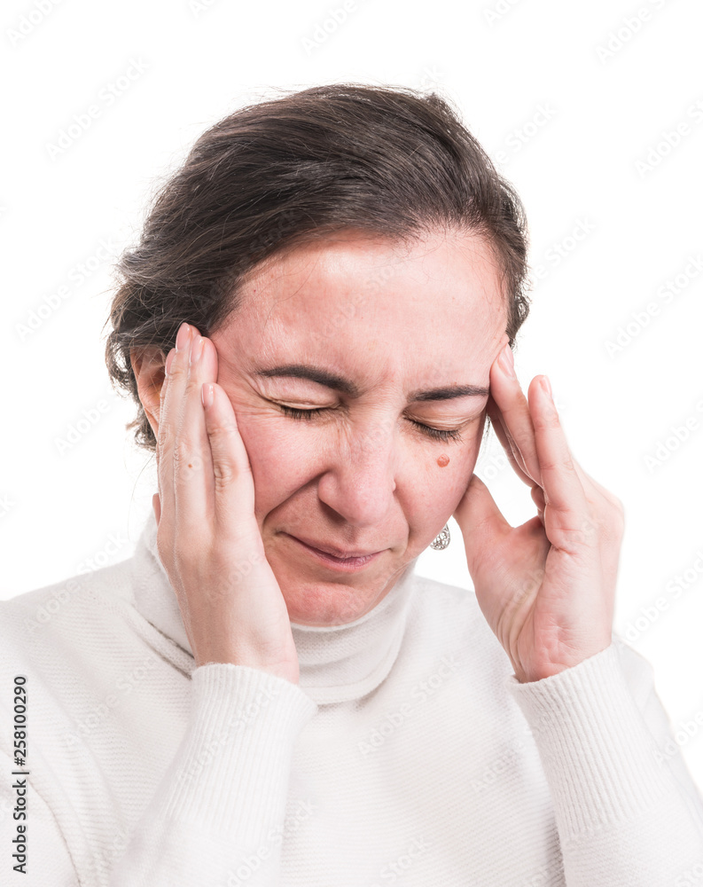 Healthcare, stress and headache concept. Stressedl woman touching temples over white background Healthcare, stress and headache concept. Stressedl woman touching temples over white background