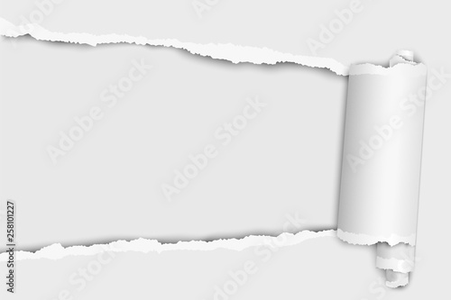 Torn elongated hole from left to right in white paper with paper curl and soft shadow. Vector template design. Paper mockup.