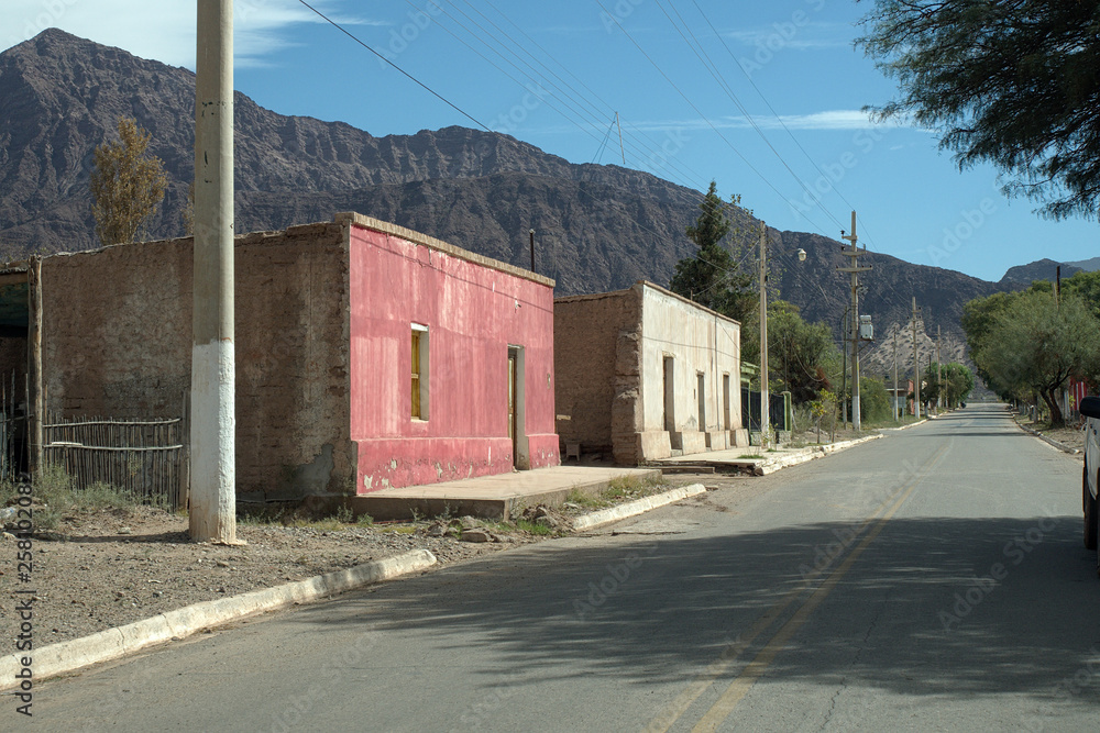 View of typical adobe houses on the town main road, Vinchina, La Rioja, Argentina.