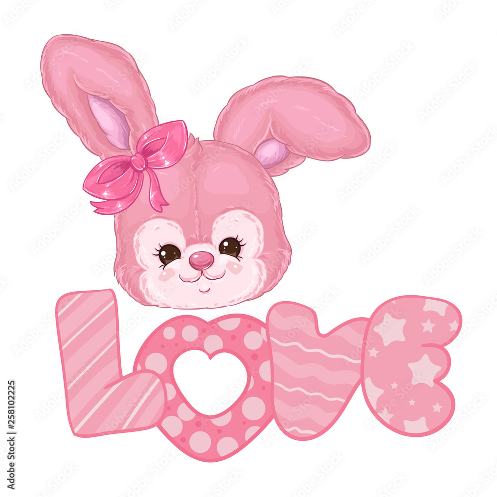 Cute pink fluffy bunny word love. Children's character. Valentine's day bunny. Cute pink fluffy bunny word love. Children's character. Valentine's day bunny.