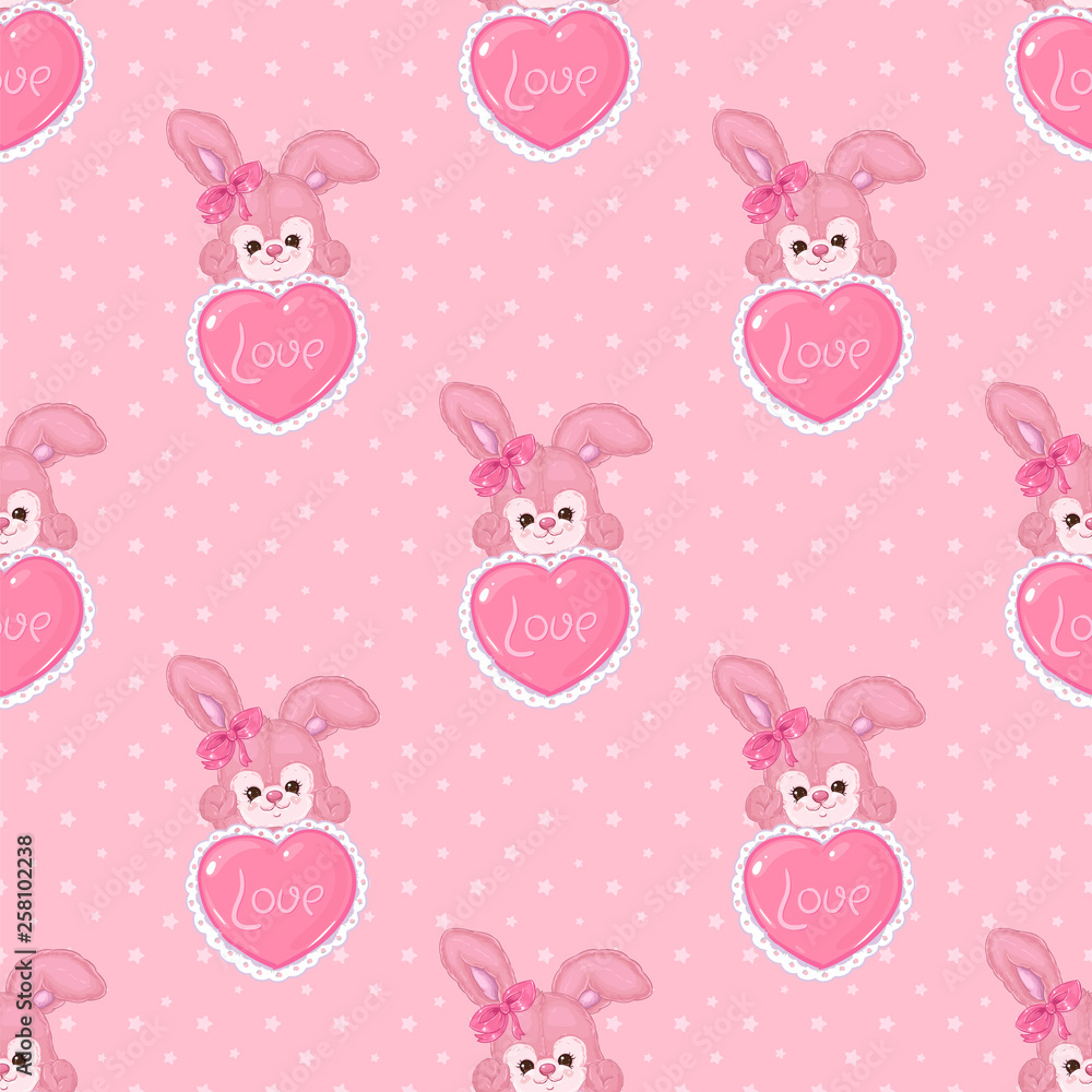 Fototapeta premium Romantic patter with cute bunnies with hearts on a pink background with stars
